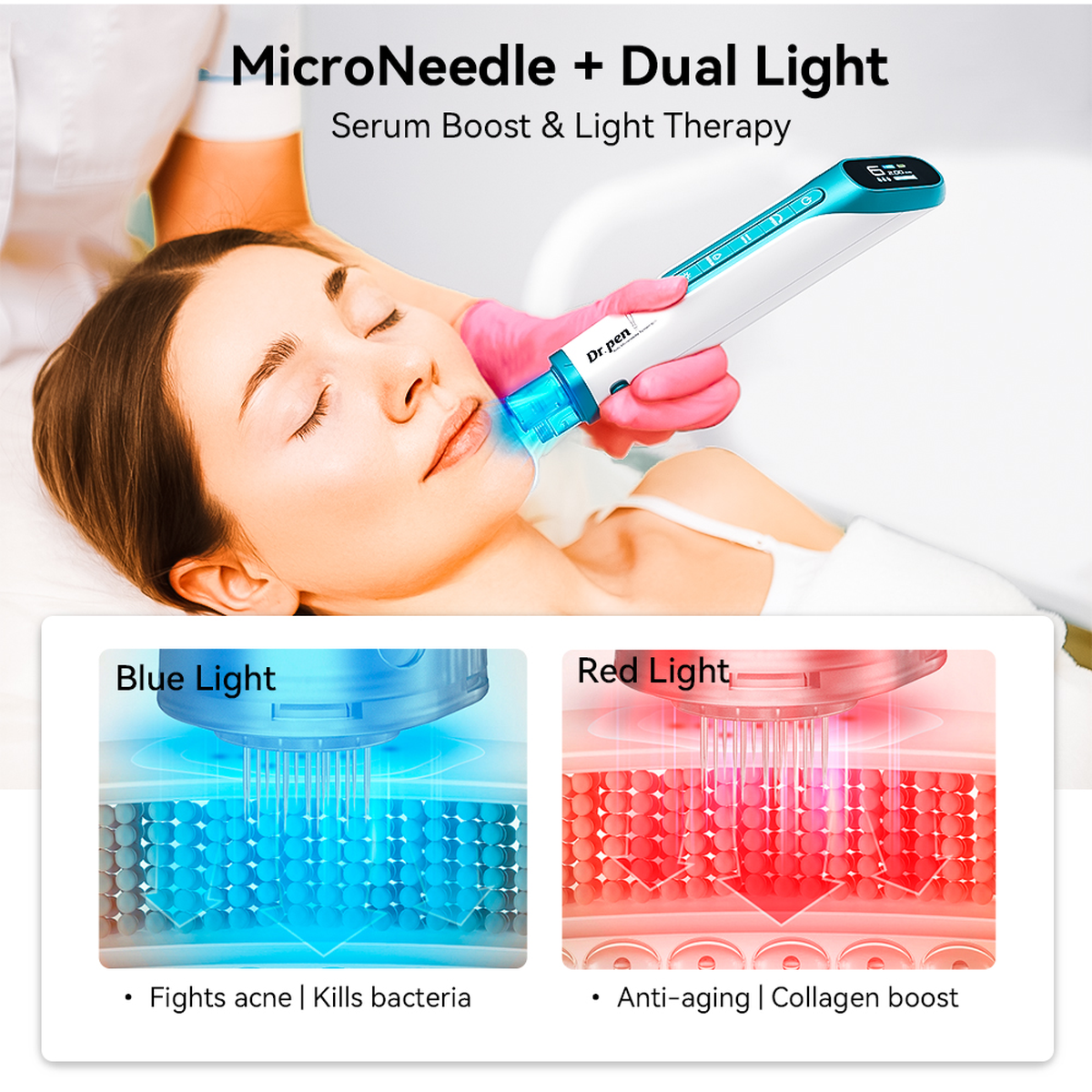 Pilihan LED merah dan biru Hydra Pen H6 dengan demonstrasi penggunaan pada muka