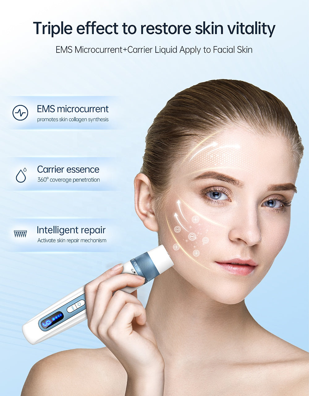 Ilustrasi pembekal Hydra Pen H5 yang menggabungkan penggunaan pada muka, penghantaran serum dan rajah EMS